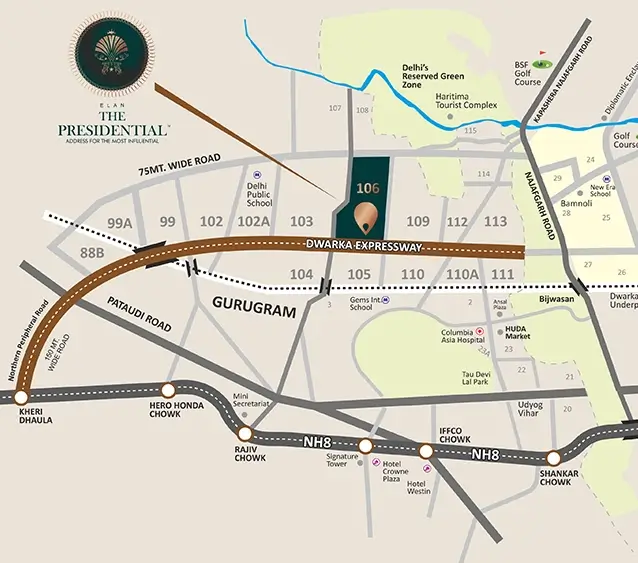 ELAN THE PRESIDENTIAL GURGAON Map location advantage ELAN THE PRESIDENTIAL GURGAON KEY ASSETS