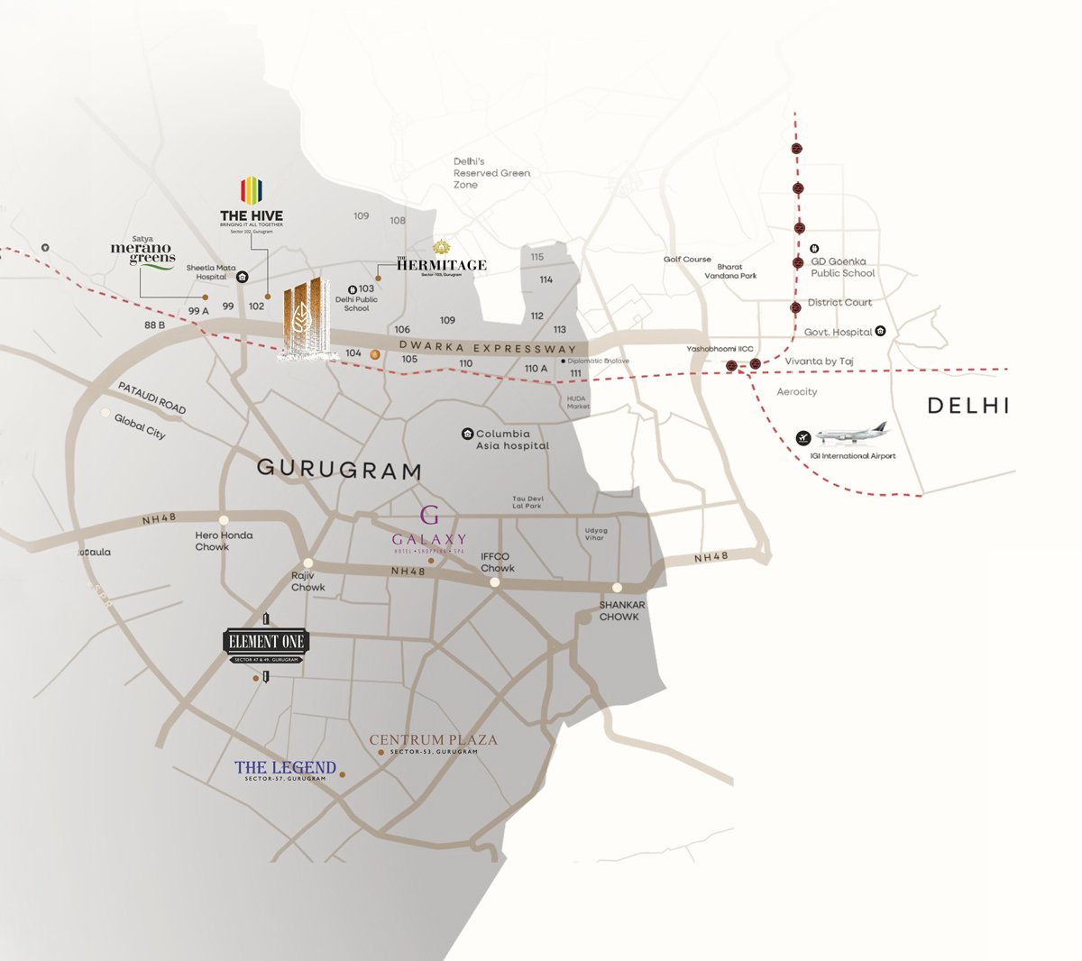 Satya levante Residences Map Sector 104 Gurgaon Key Assets Satya levante Residences Map Sector 104 Gurgaon Key Assets